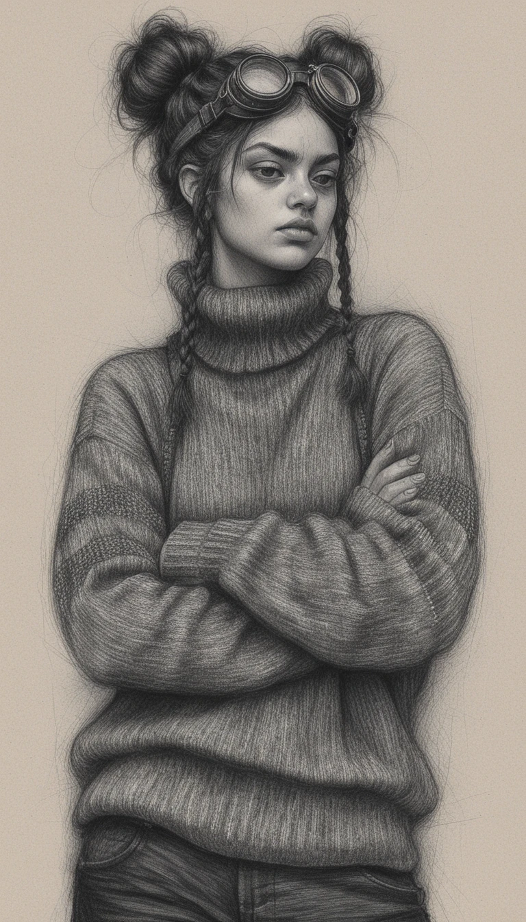 Chica melancólica con gafas en retrato a lápiz en blanco y negro