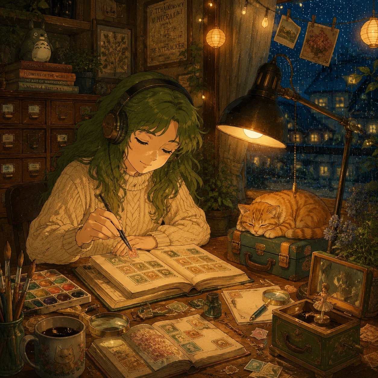 Chica de anime colocando sellos en un escritorio de estudio acogedor