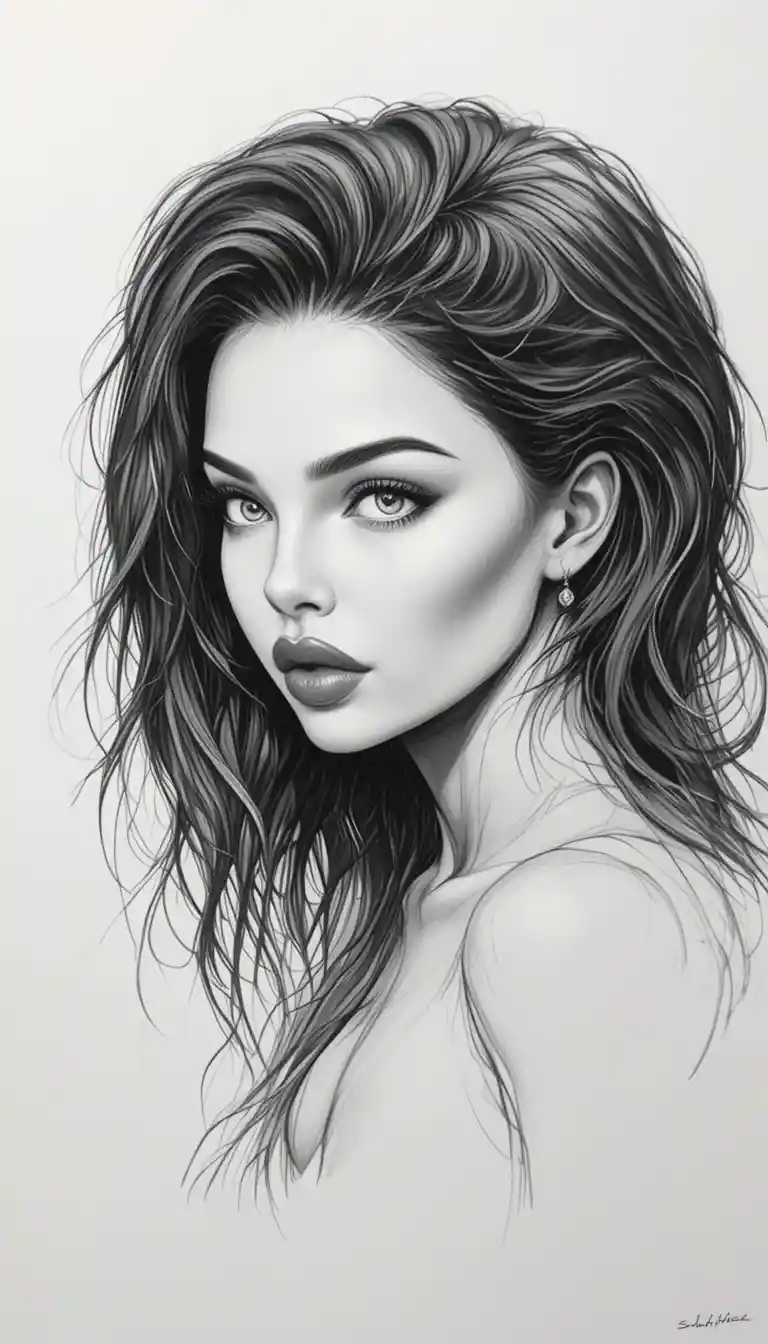 Detailed black and white pencil sketch with clean contours
