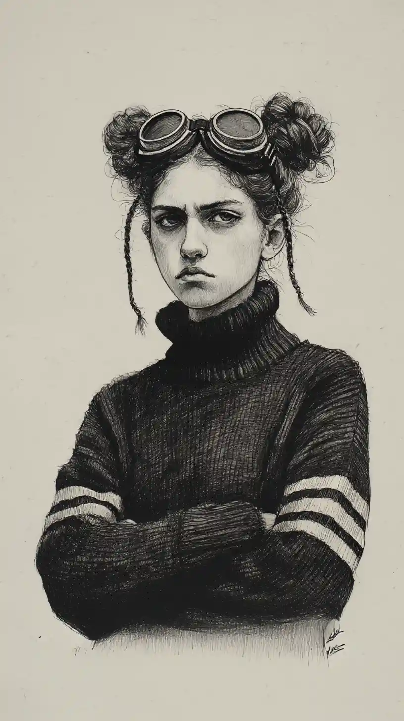 Chica melancólica con gafas y brazos cruzados – retrato a lápiz