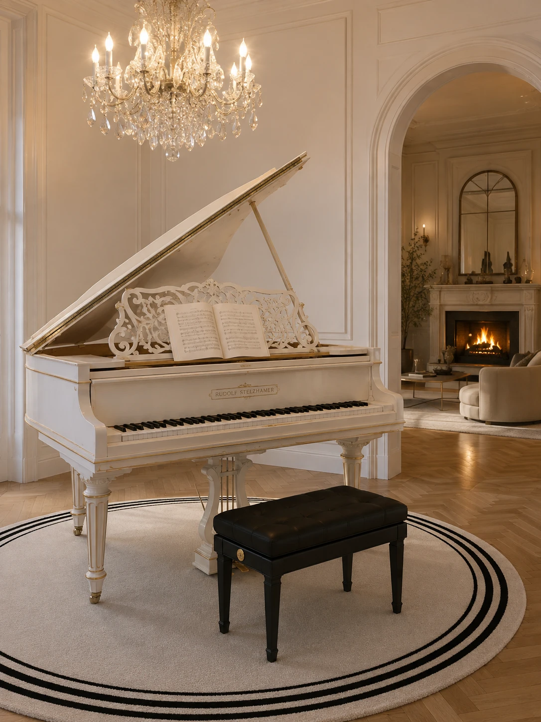 Piano de cola blanco sobre alfombra redonda en elegante sala de estar