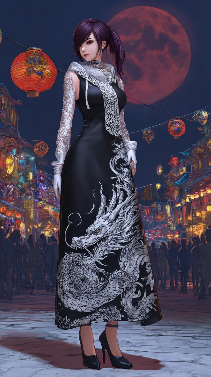 Chica de anime con vestido negro y motivo de dragón blanco