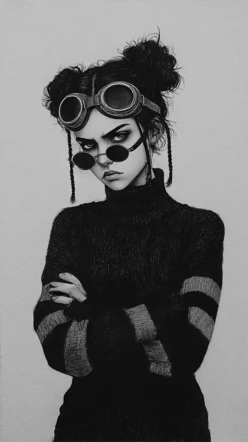 Moody girl with goggles in black and white pencil portrait