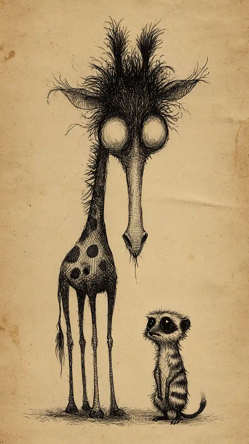 Giraffa e suricato a inchiostro surreale che si fissano su carta invecchiata