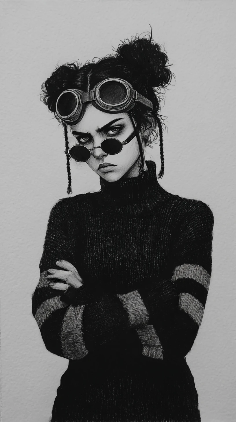 Moody girl with goggles in black and white pencil portrait