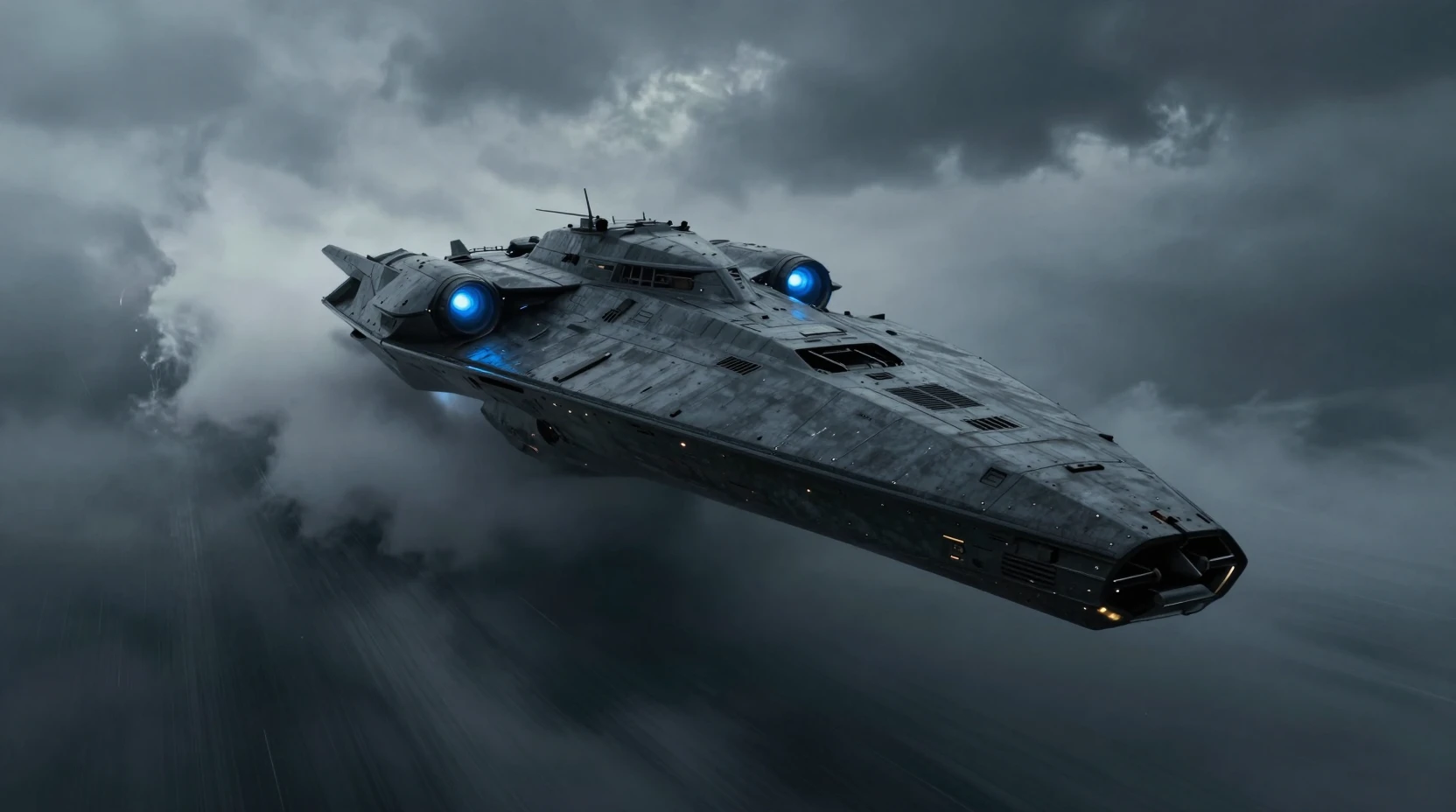 Acorazado de ciencia ficción oscuro atravesando densas nubes de tormenta