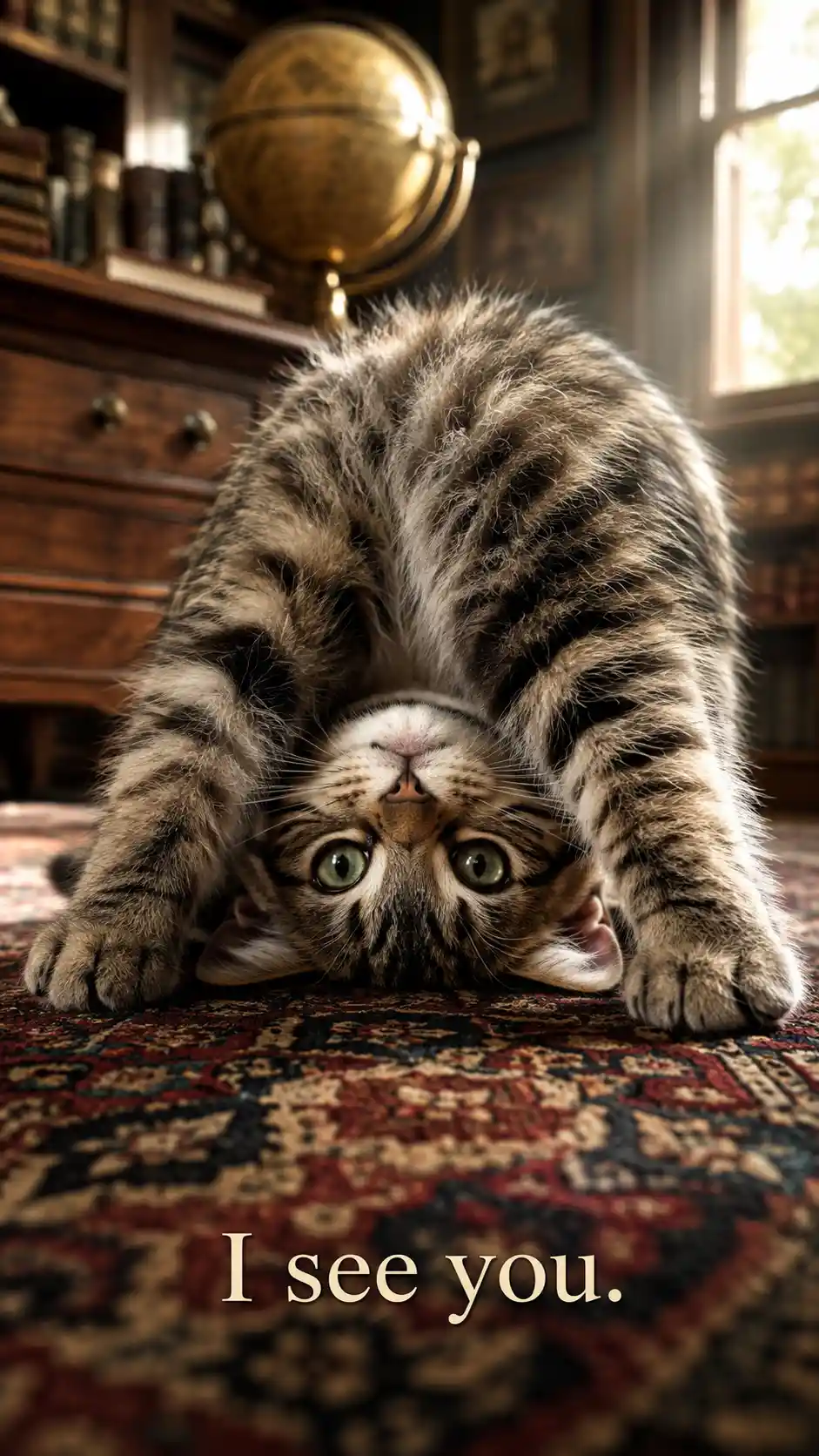 Juguetón gatito atigrado estirándose sobre una colorida alfombra oriental
