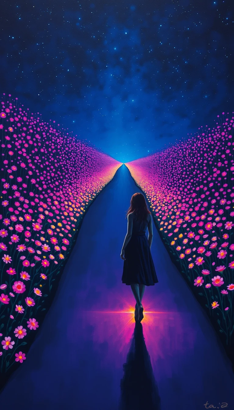 Mujer caminando por un sendero luminoso en un vasto jardín nocturno
