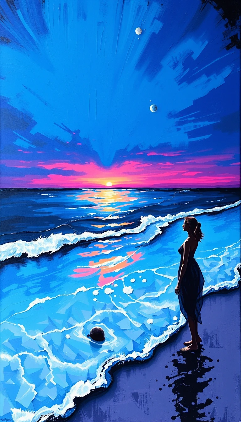 Barfüßige Frau am Meer bei Sonnenuntergang, die das Wasser berührt