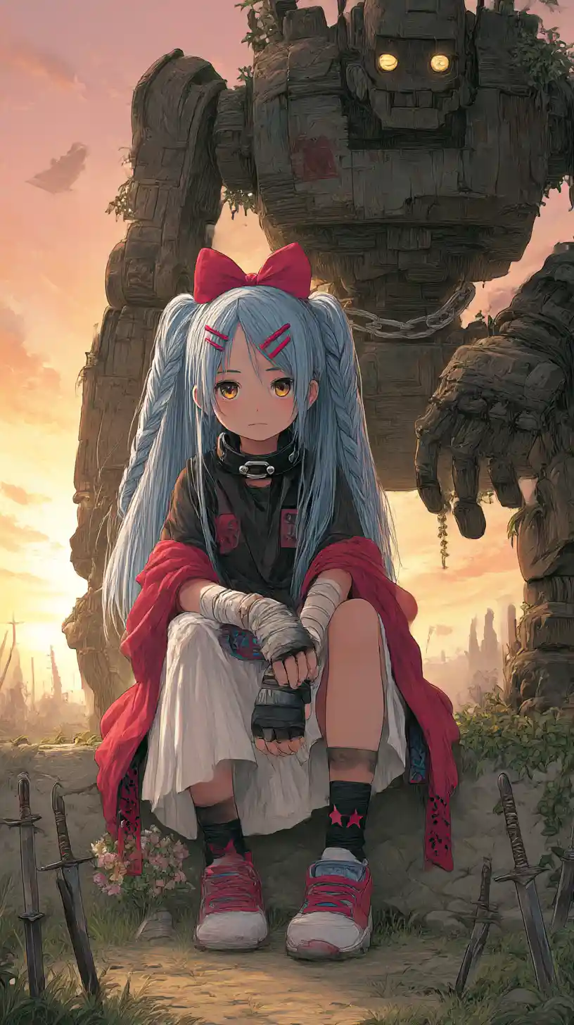 Chica de anime de pelo azul con atuendo de cinturones y vendajes
