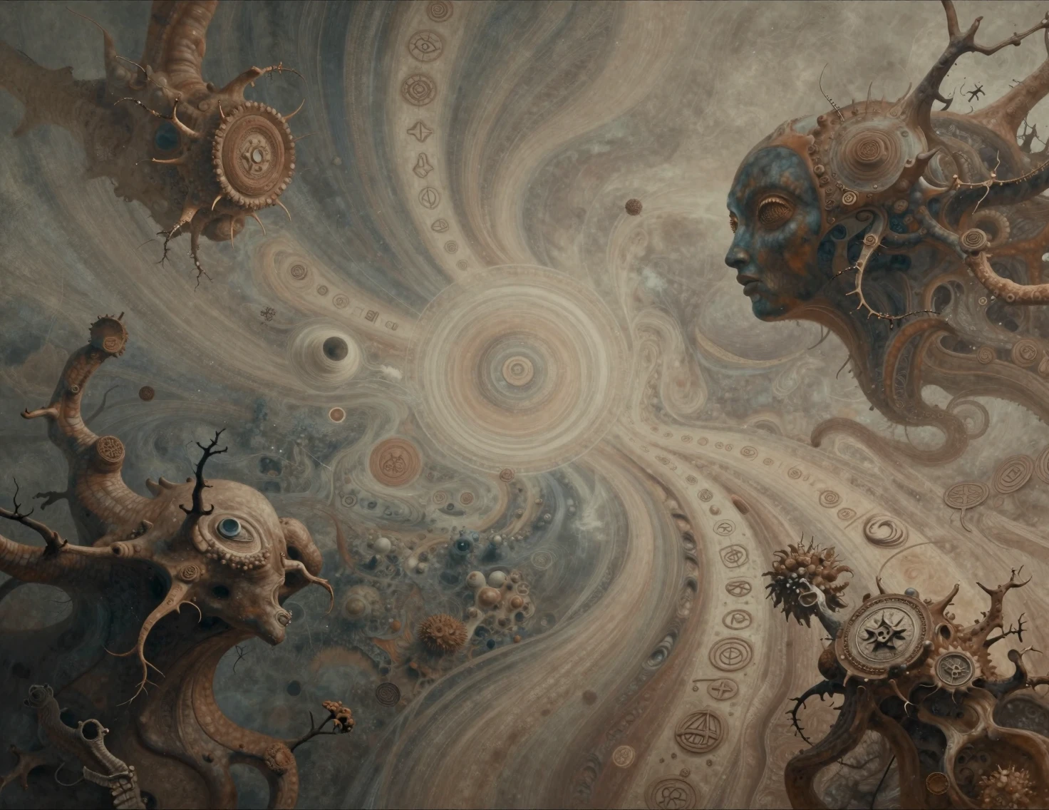 Mystical surreal landscape of organic forms and symbols