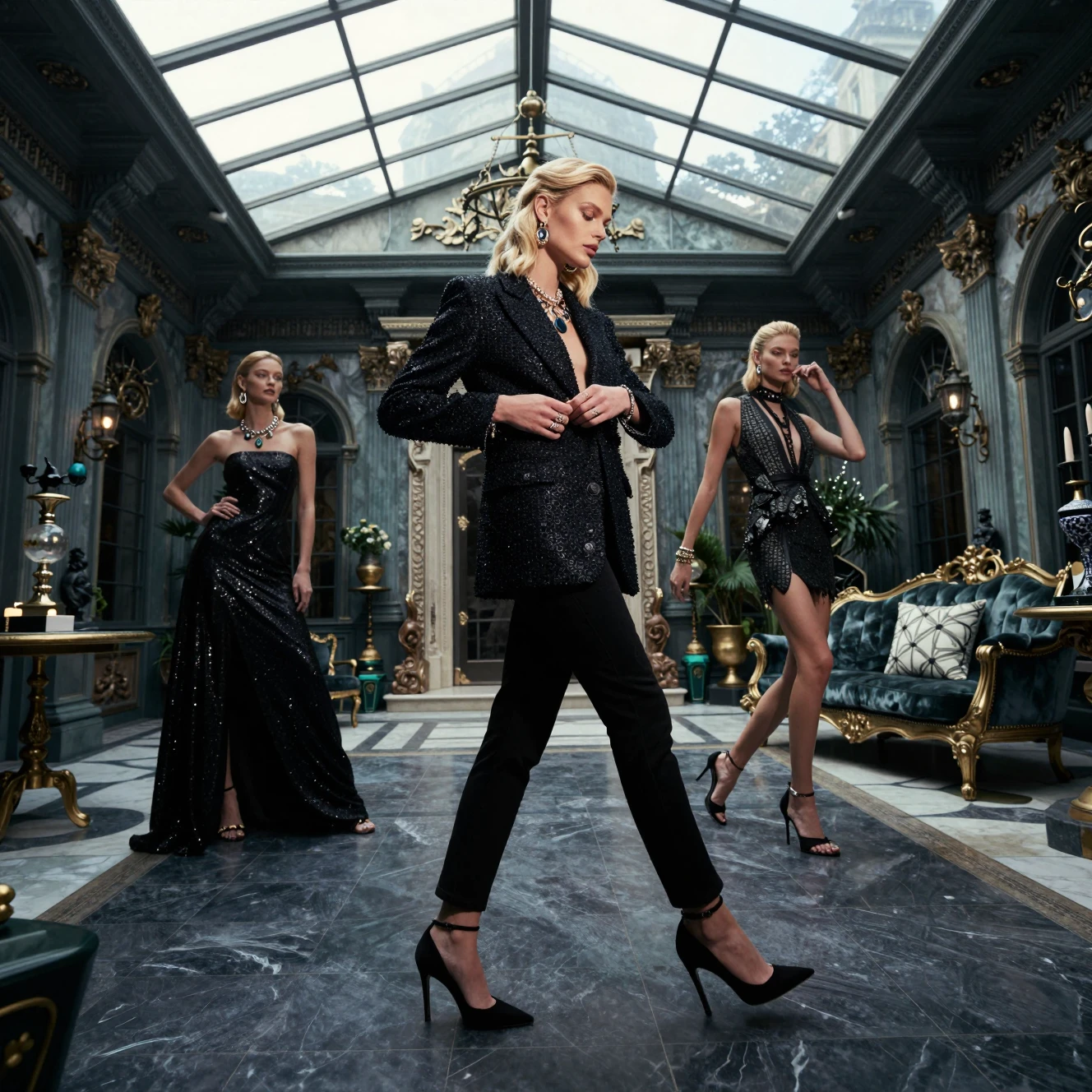 Modelo de moda rubia caminando por un solárium lujoso