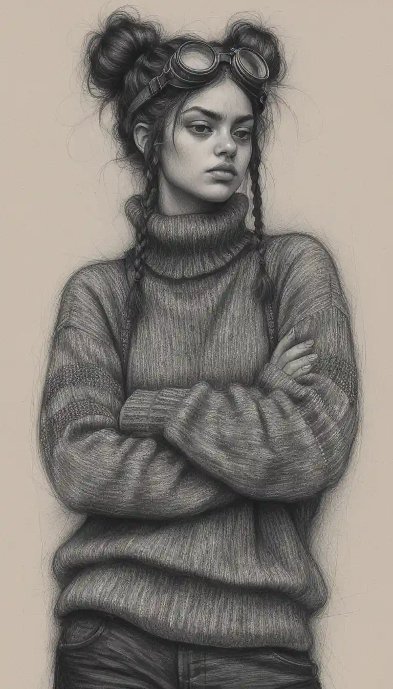 Chica melancólica con gafas en retrato a lápiz en blanco y negro