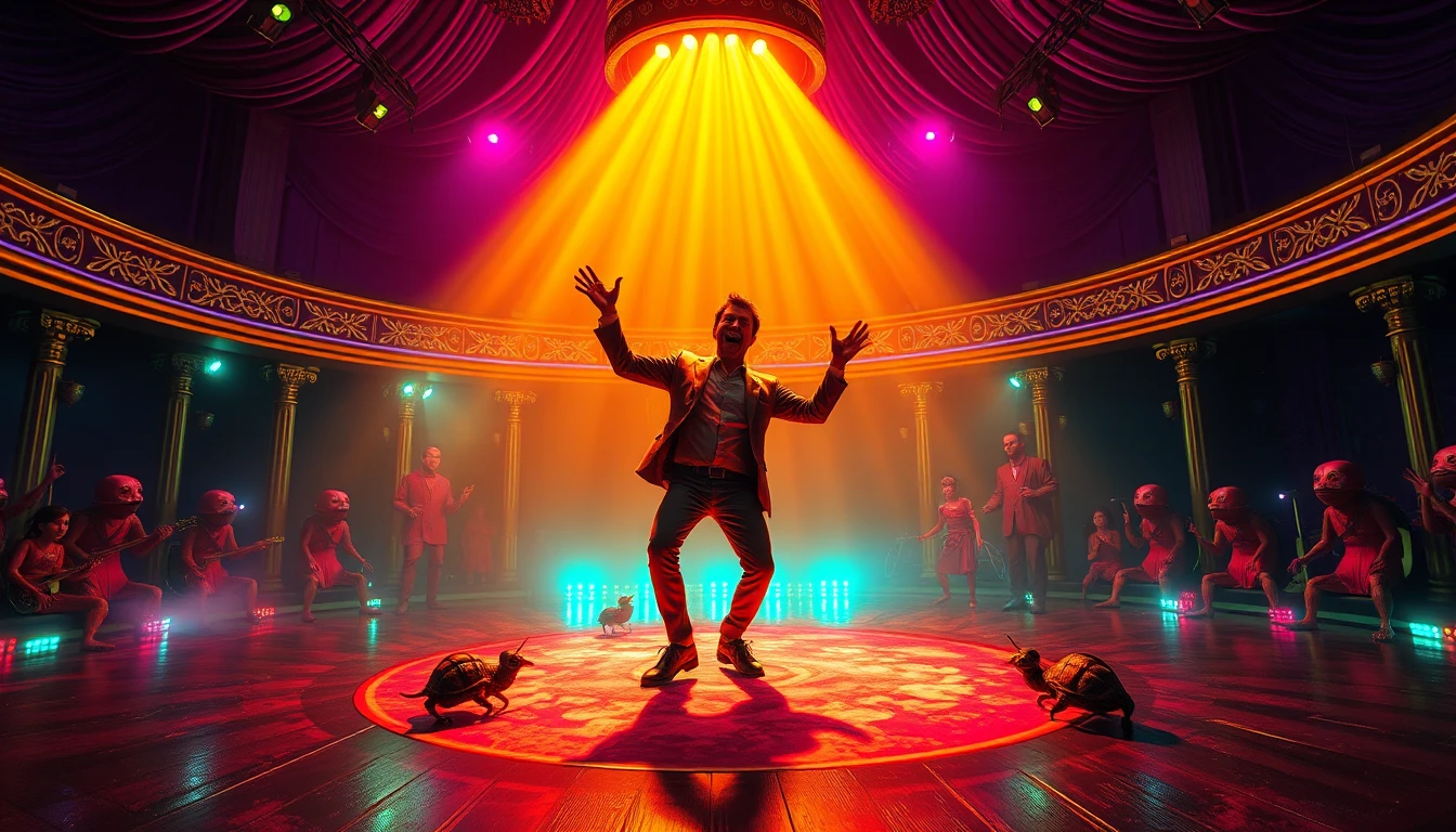 Clown Dancing On Neon Stage Over Psychedelic Checkerboard Floor
