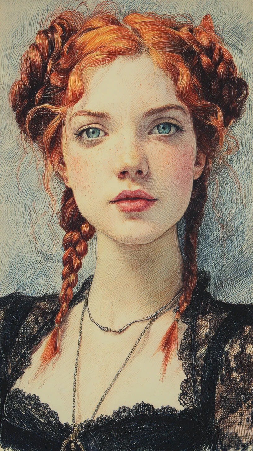 Retrato de chica pelirroja en dibujo detallado a lápices de colores