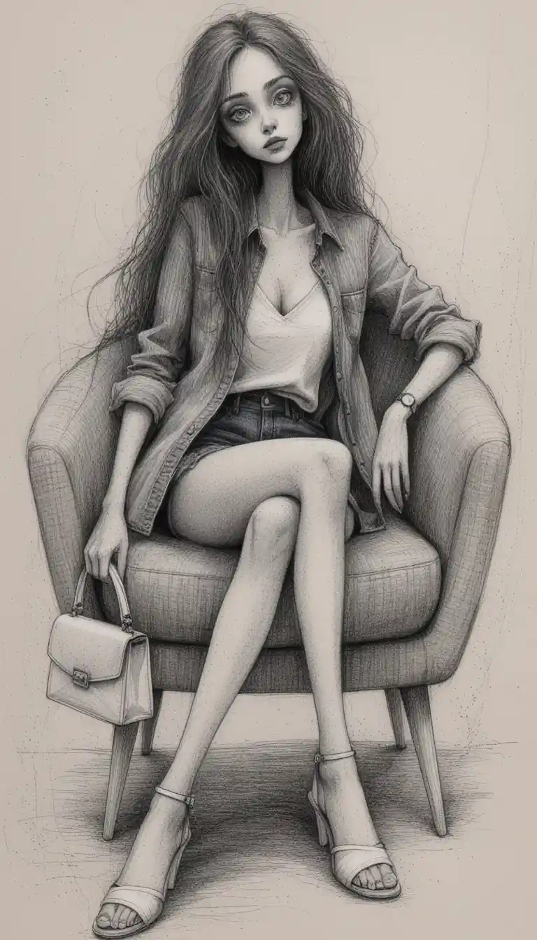 Ilustración melancólica a tinta de una mujer en un sillón moderno