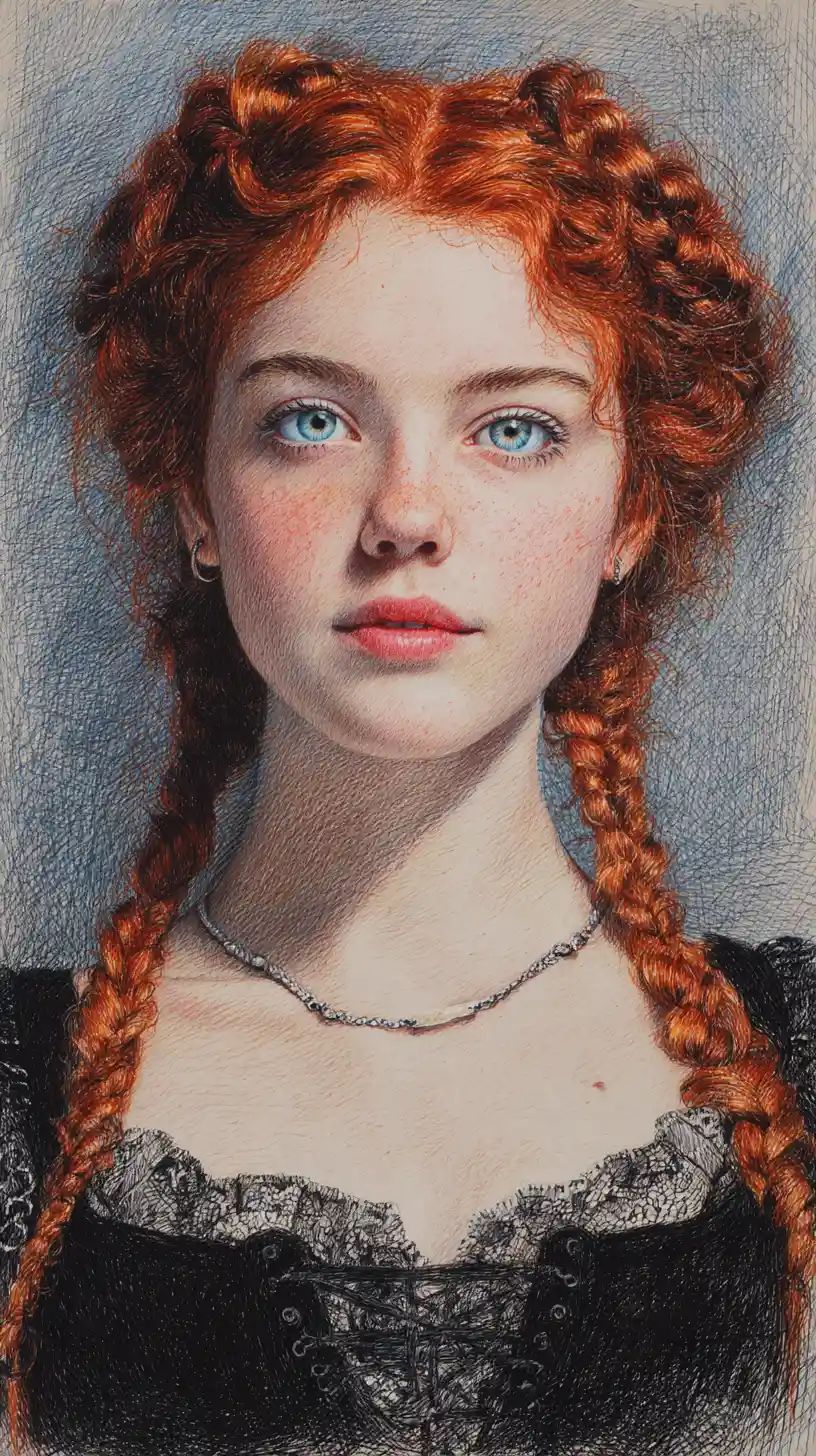 Portrait de jeune fille rousse dans un style dessin aux crayons de couleur