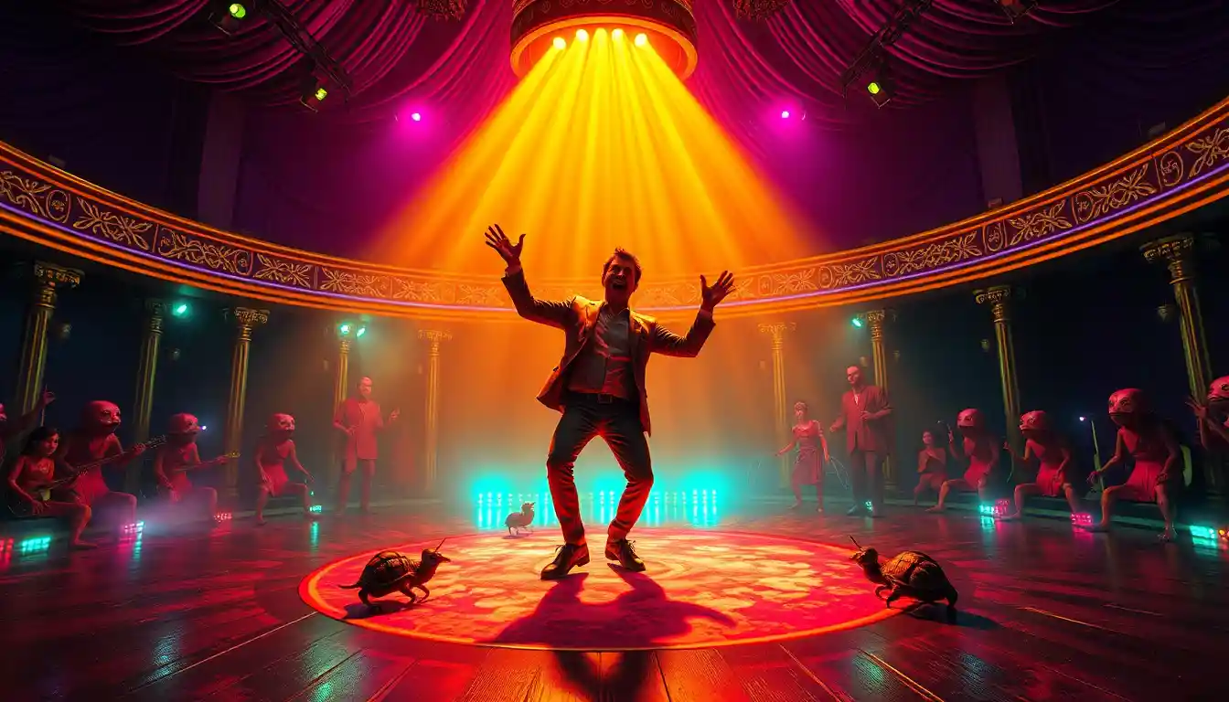 Clown Dancing On Neon Stage Over Psychedelic Checkerboard Floor