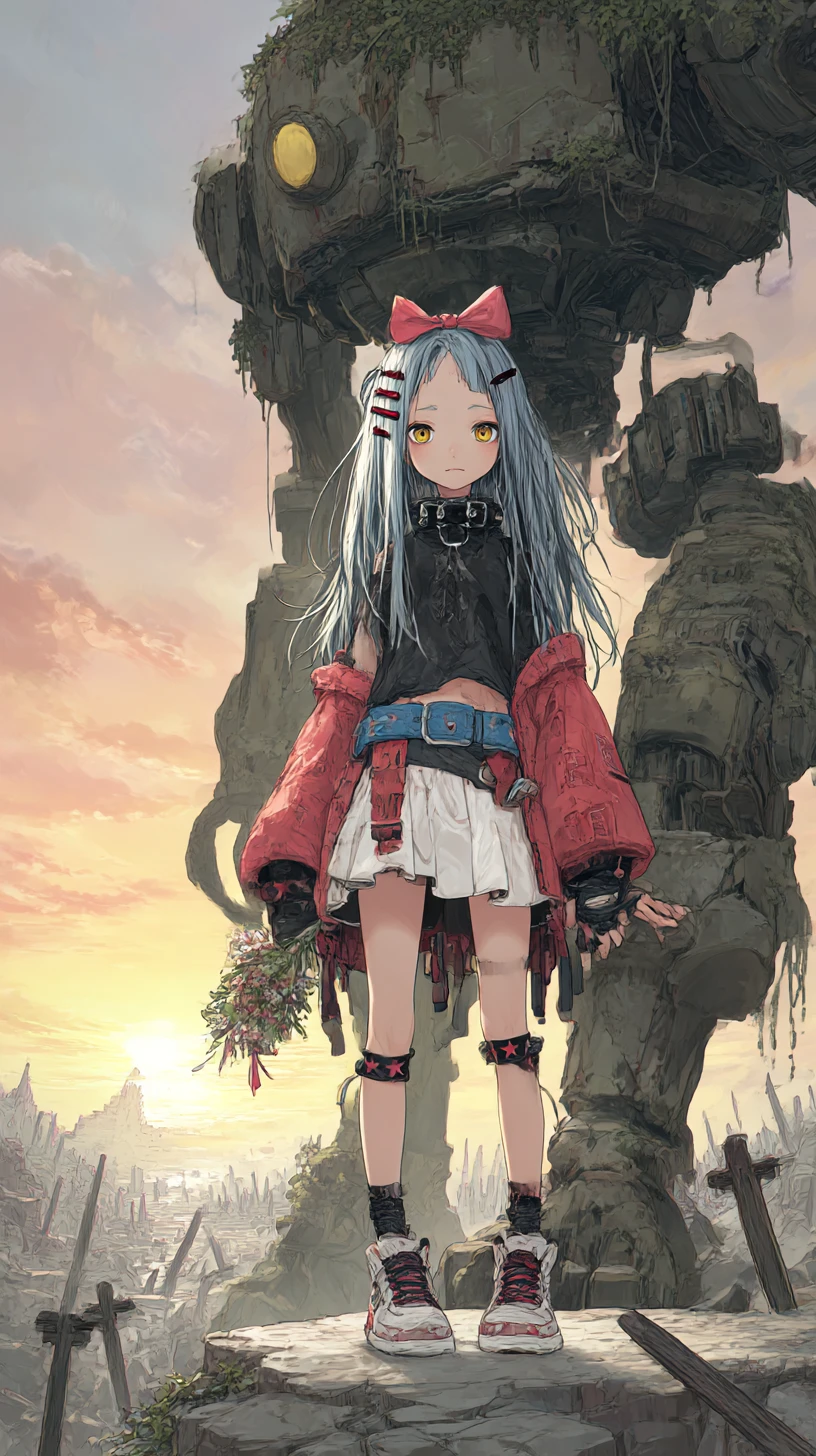 Chica de anime sentada sobre un robot destruido al amanecer