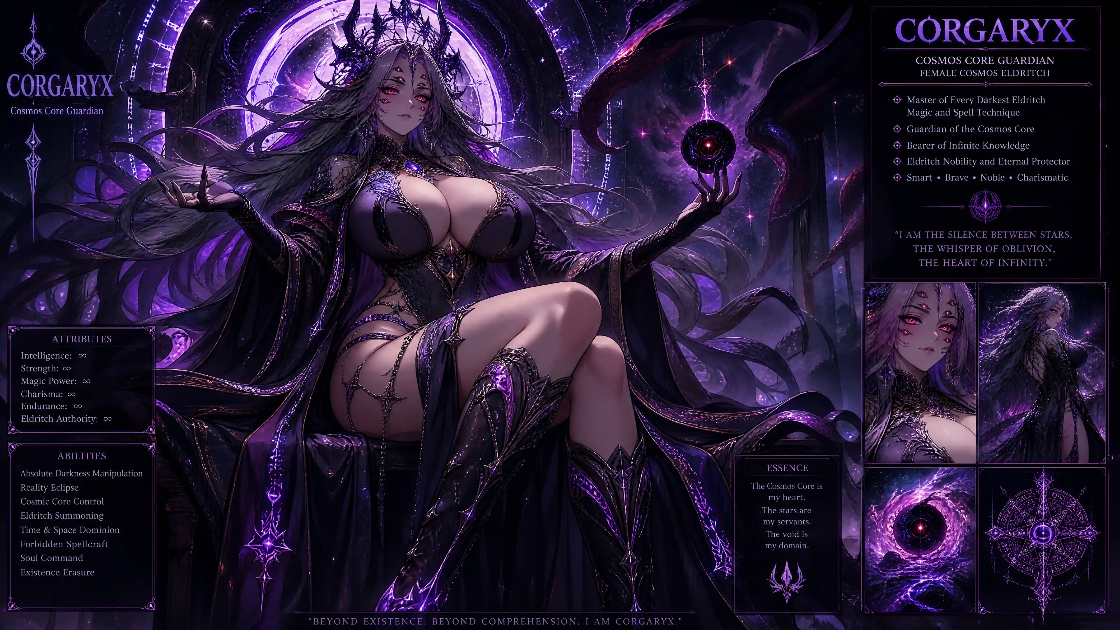 Guardiana cósmica eldritch con seis ojos rojos brillantes