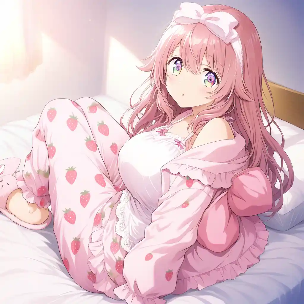 Ragazza anime in pigiama rosa pastello seduta su un letto