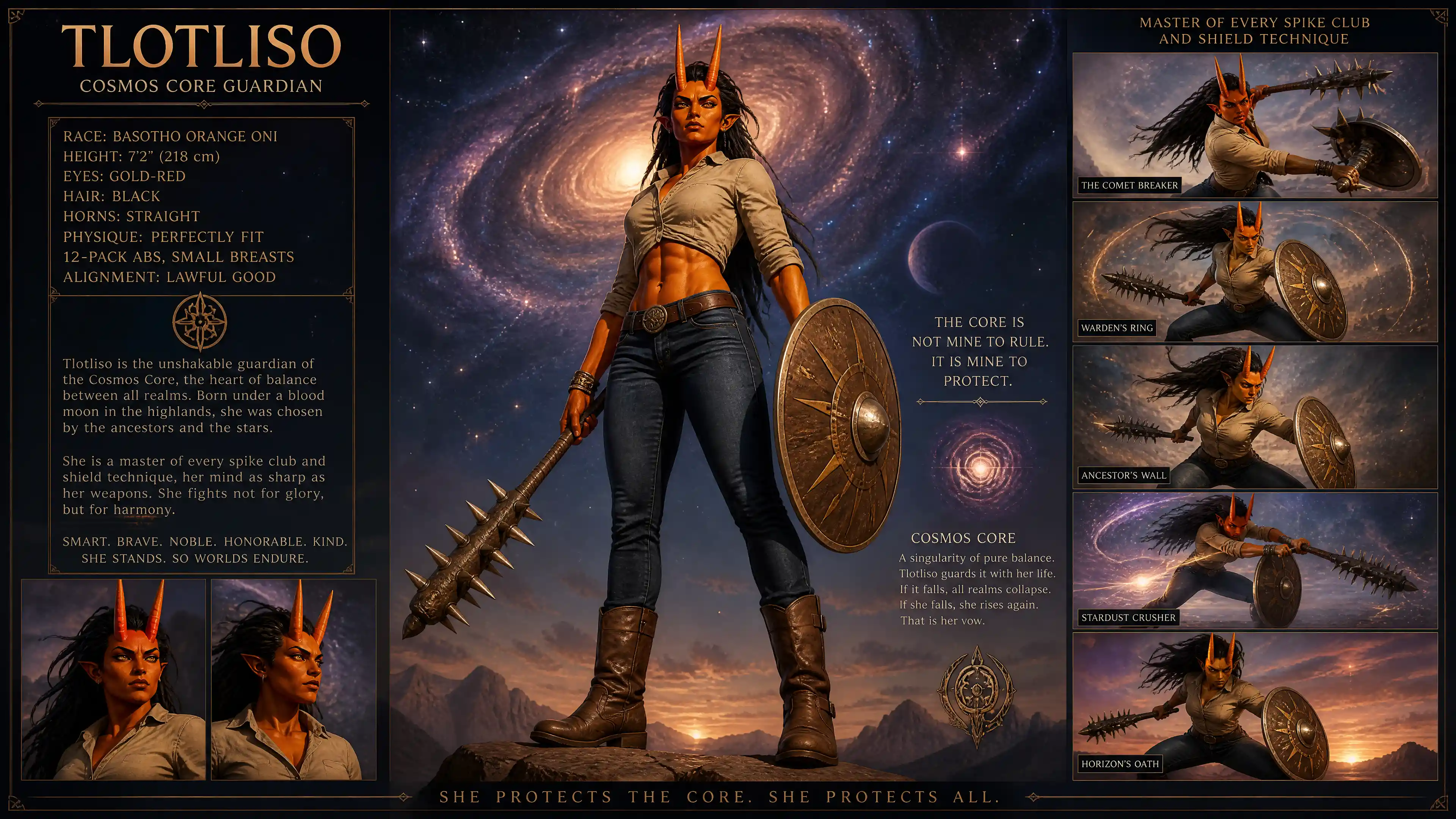Alta guardiana naranja con cuernos ante un fondo cósmico