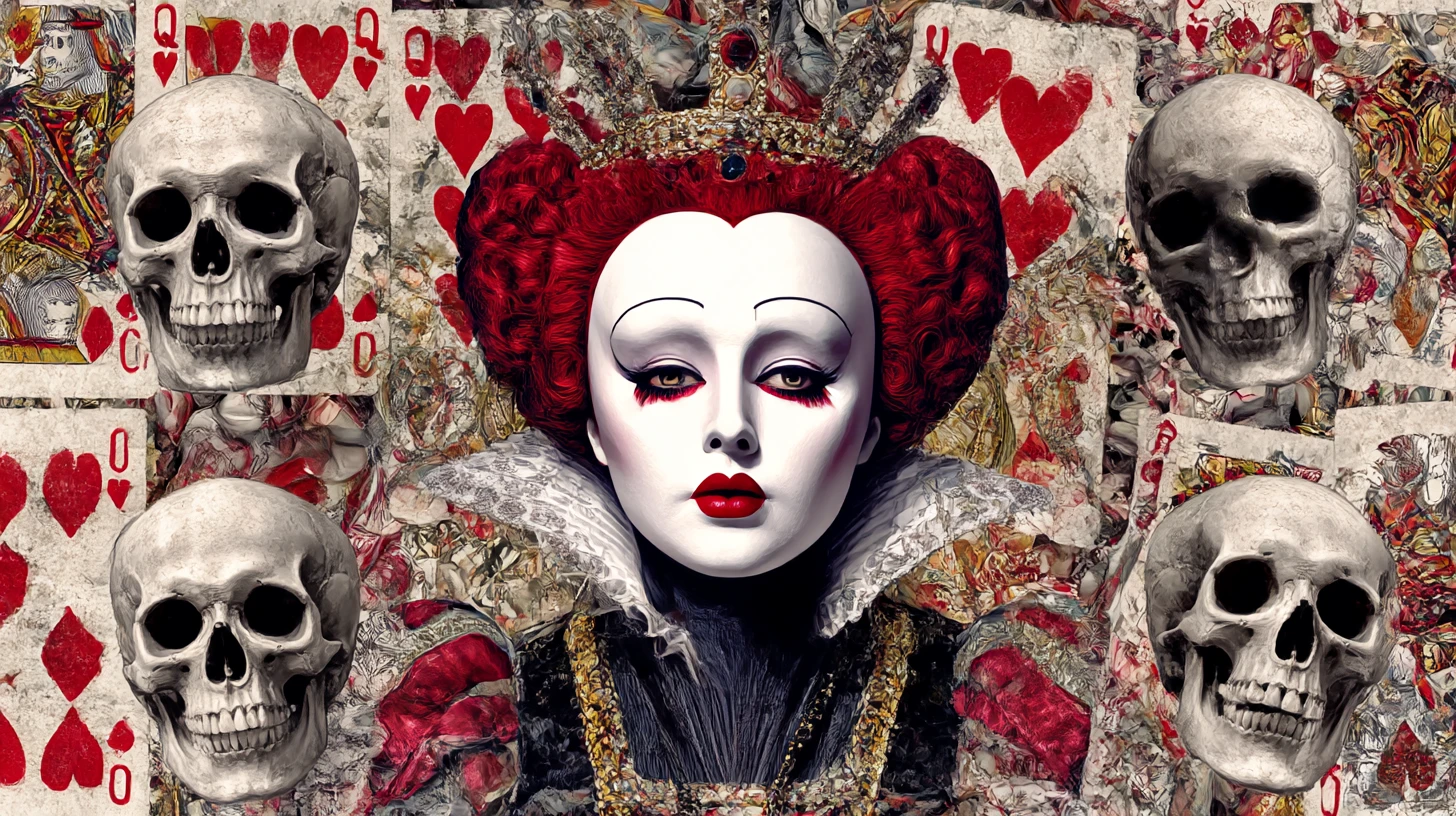 Surreal queen with red lips and laughing skulls