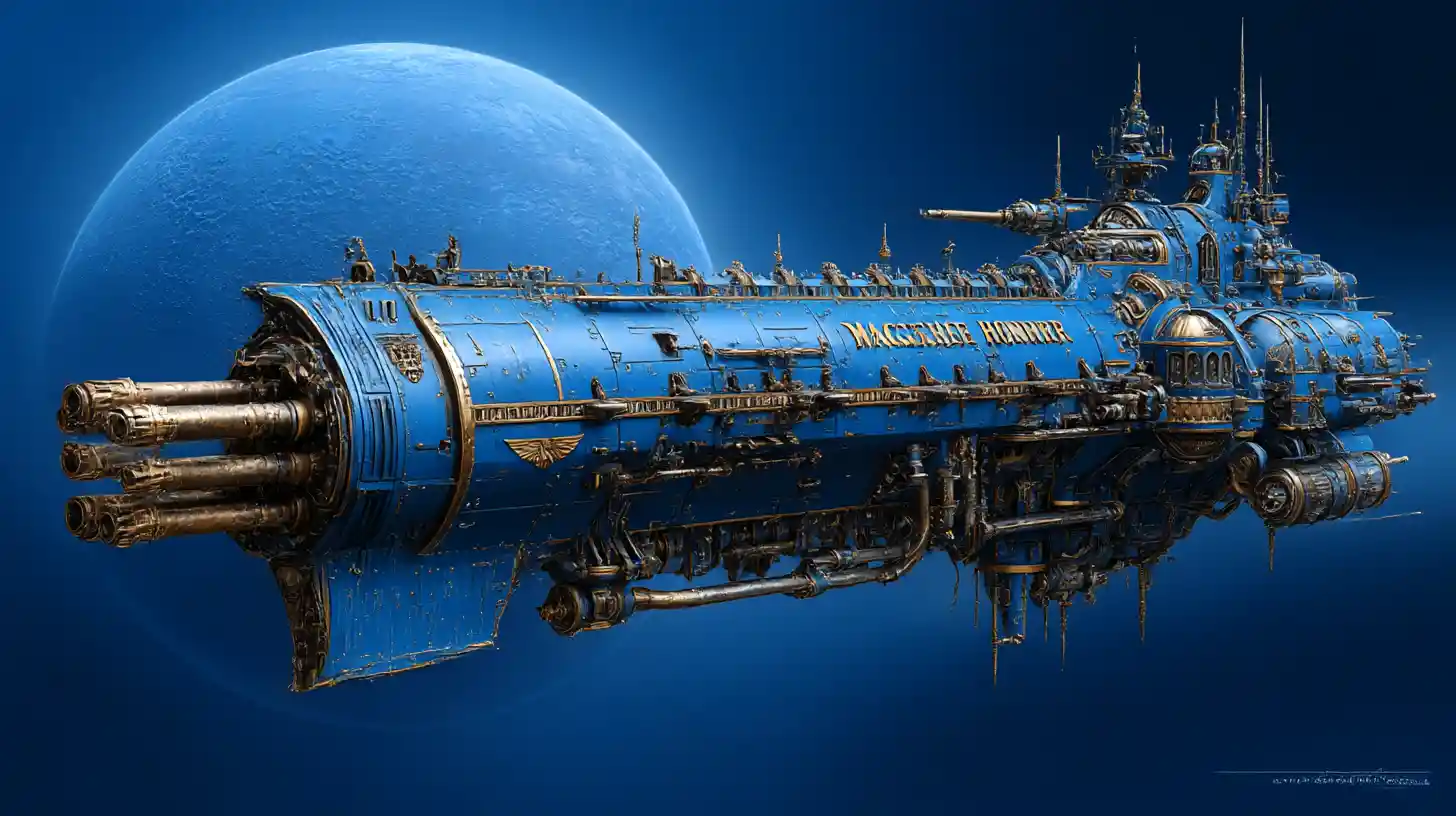 Enorme nave imperial azul con cañón frontal en el espacio