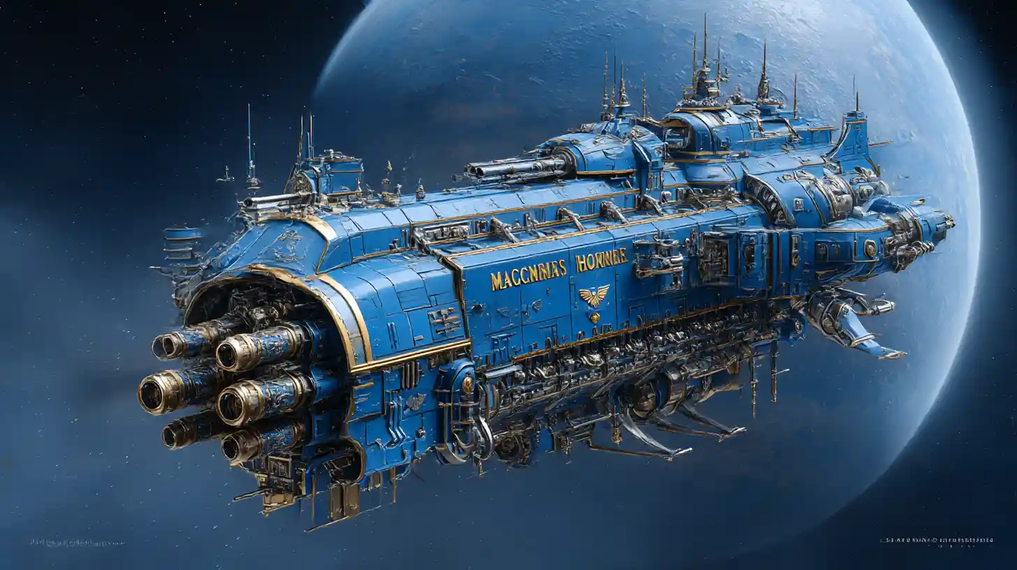 Enorme nave de guerra imperial azul frente a un planeta distante