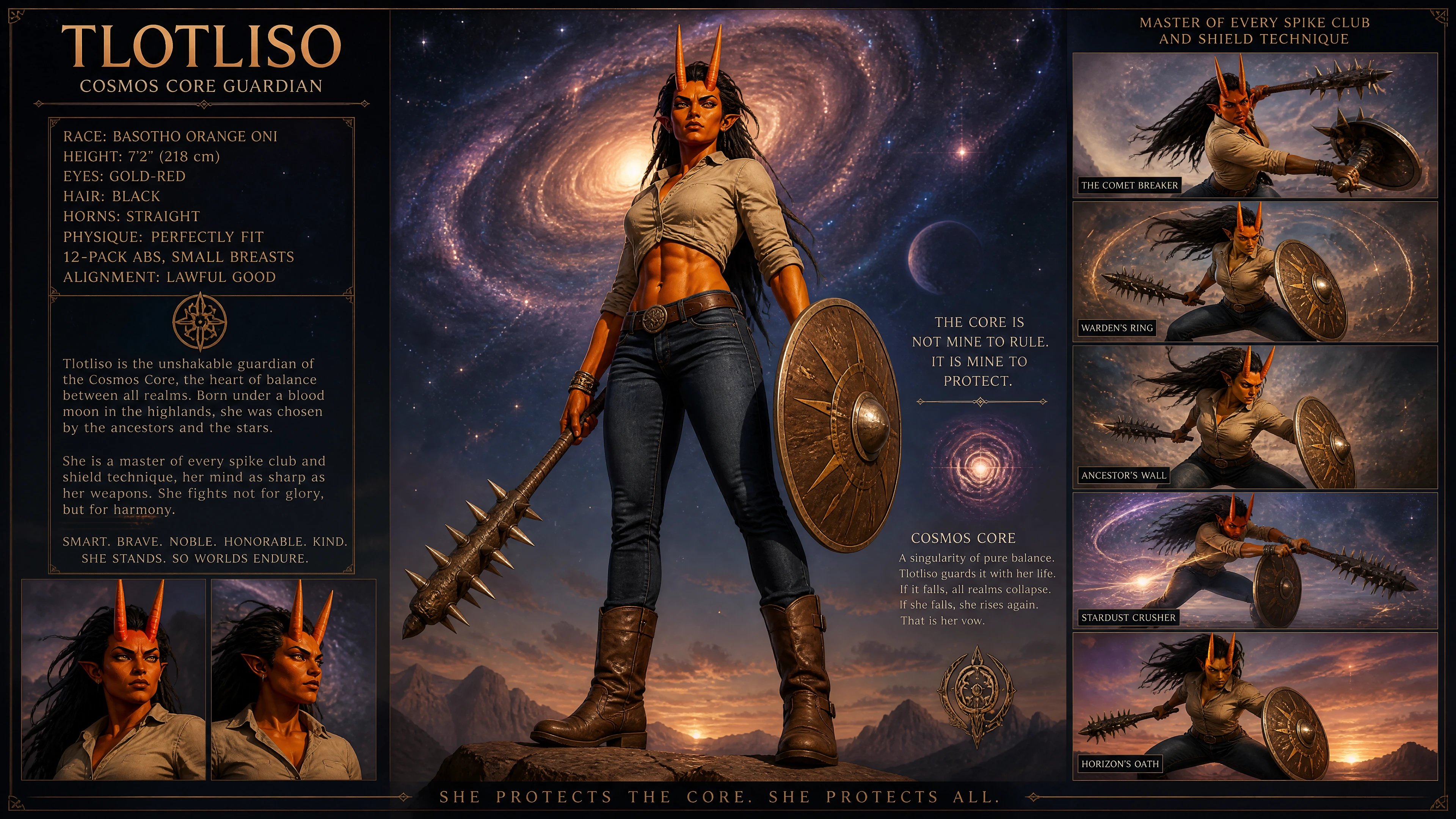 Alta guardiana naranja con cuernos ante un fondo cósmico