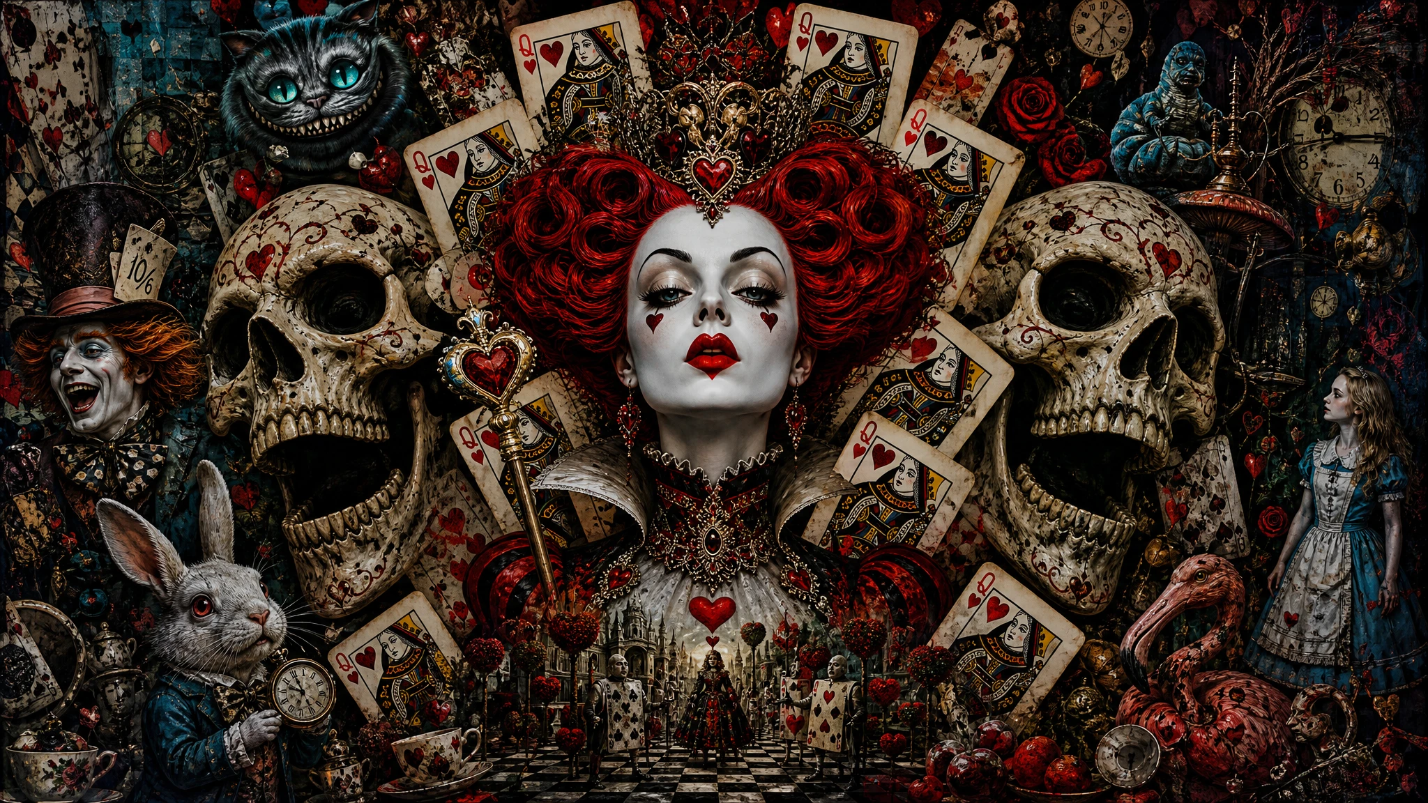 Reina de corazones surrealista con calaveras riendo a su lado