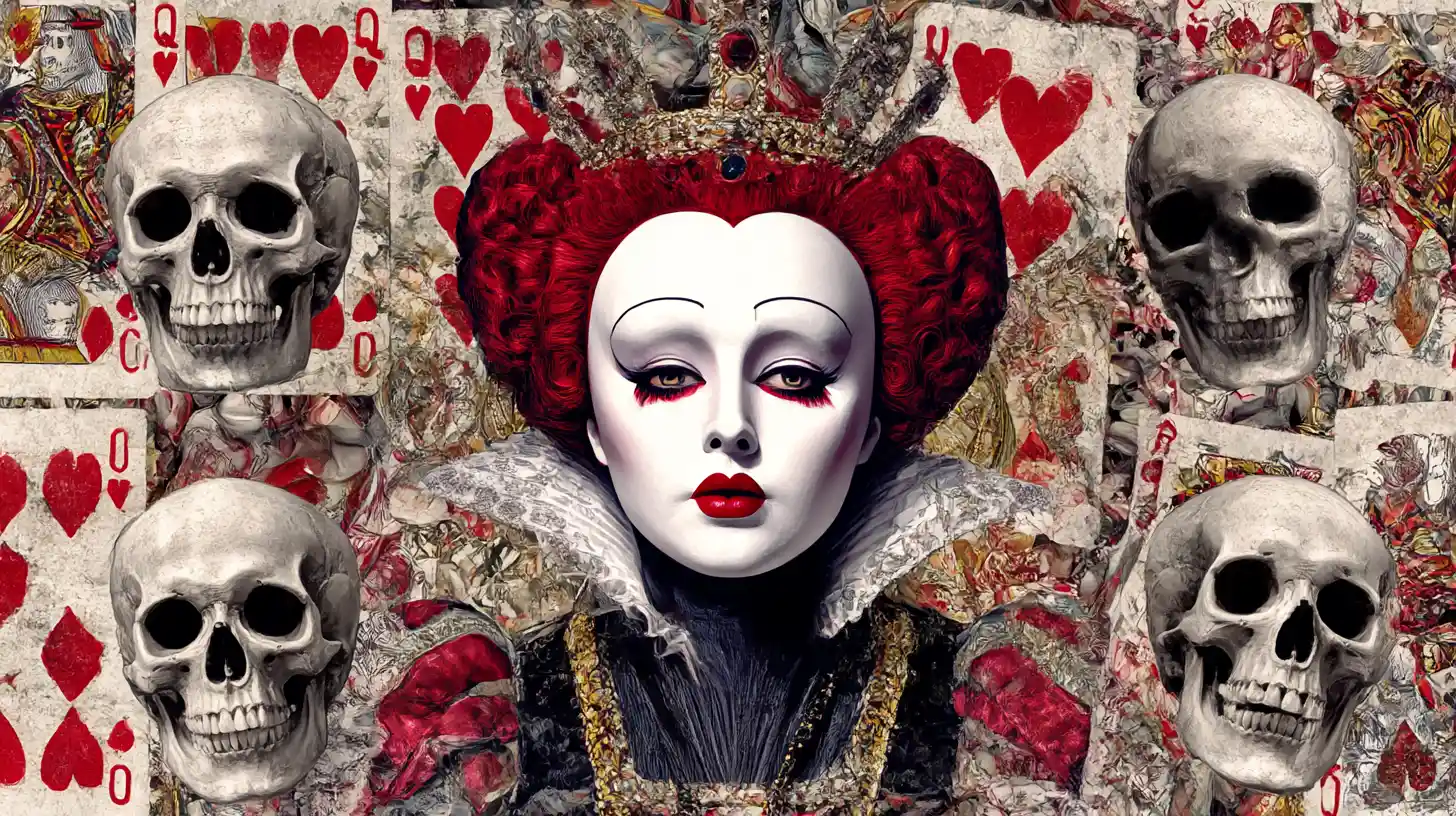 Surreal queen with red lips and laughing skulls