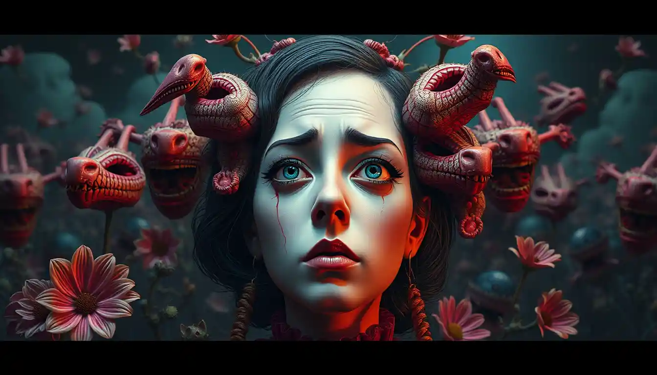 Surreal woman surrounded by distorted mirror faces and clowns