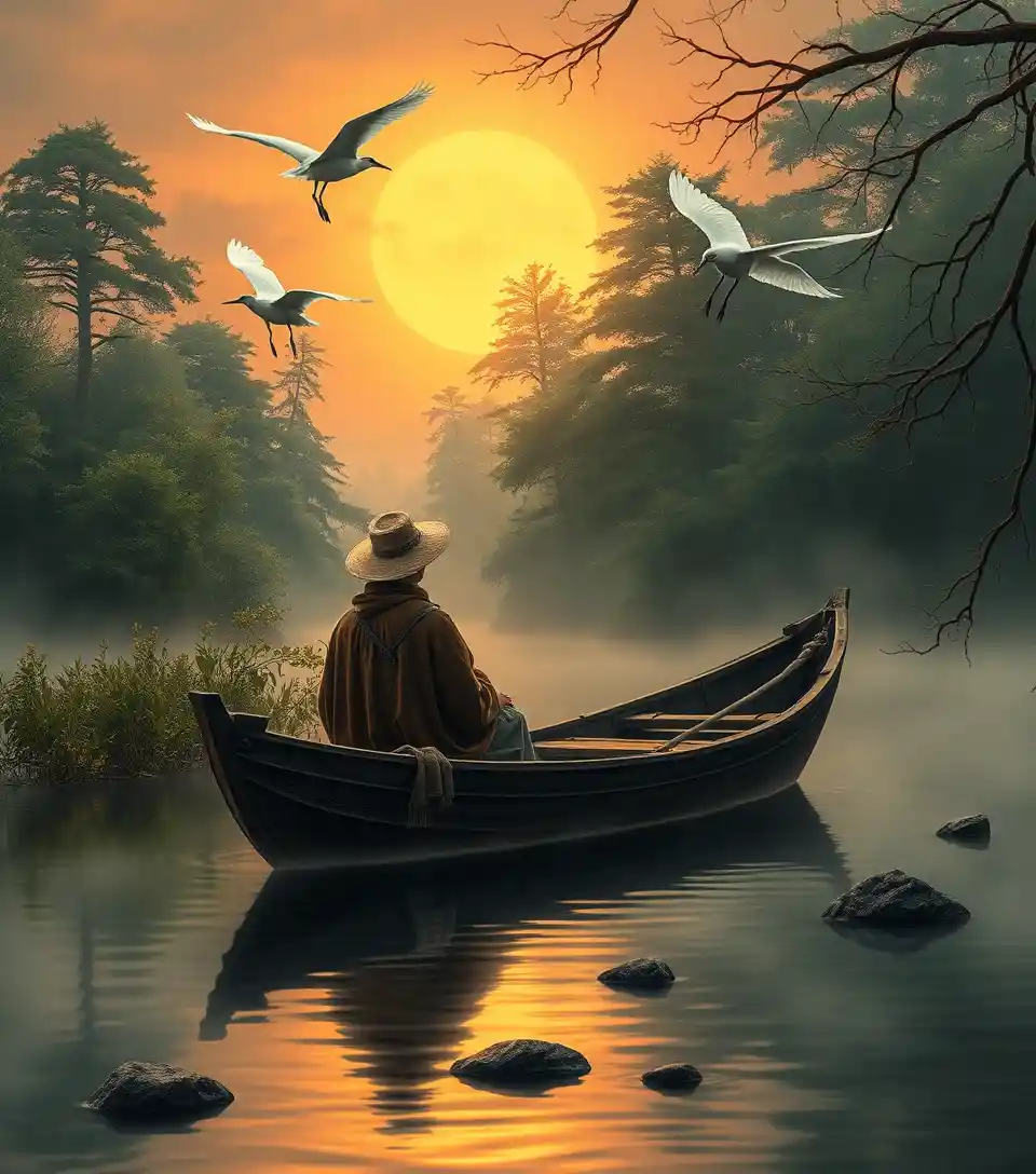 Couple mystique dérivant dans une barque en bois au coucher du soleil