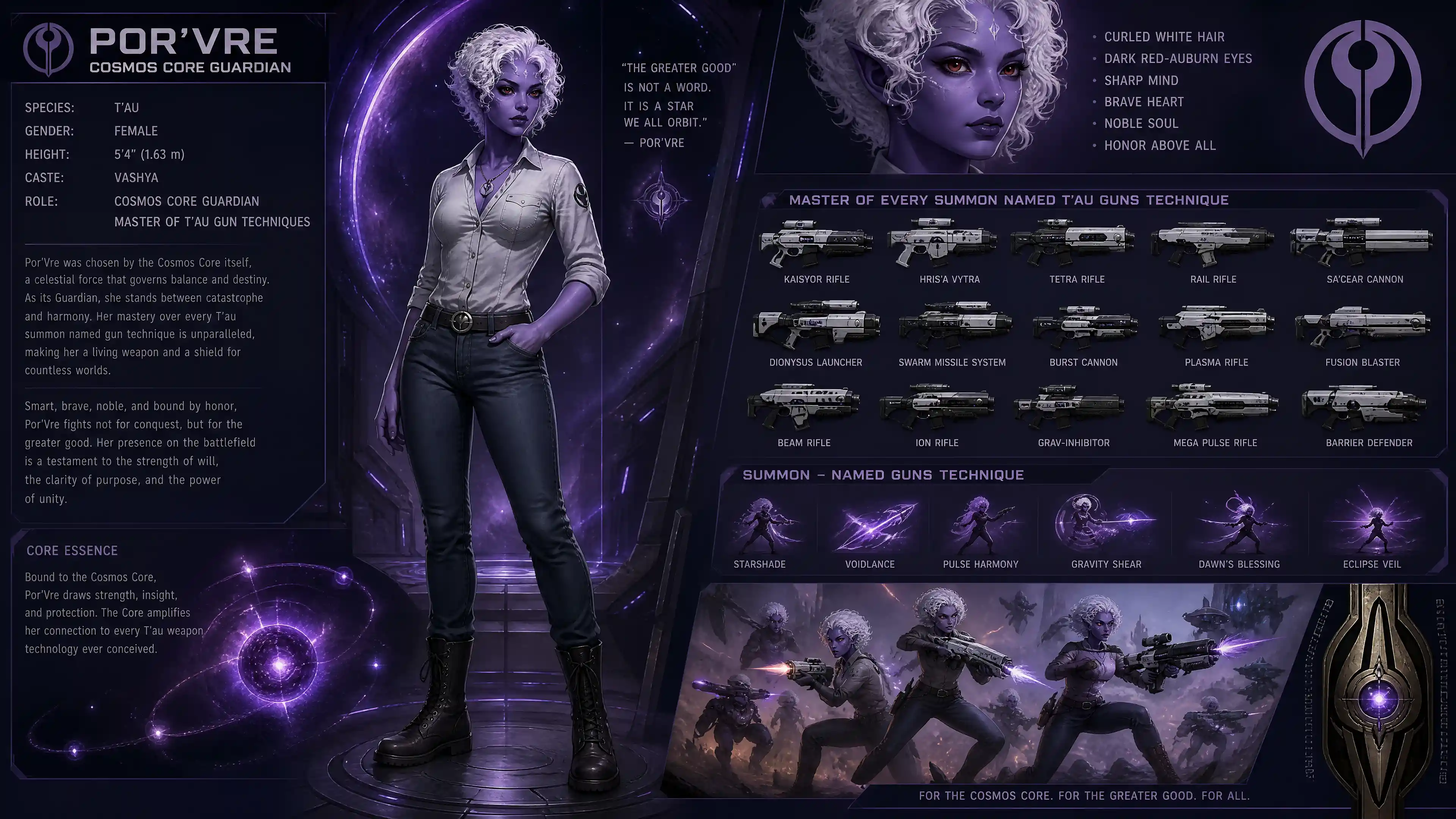 Mujer sci-fi púrpura de cabello blanco con ropa casual