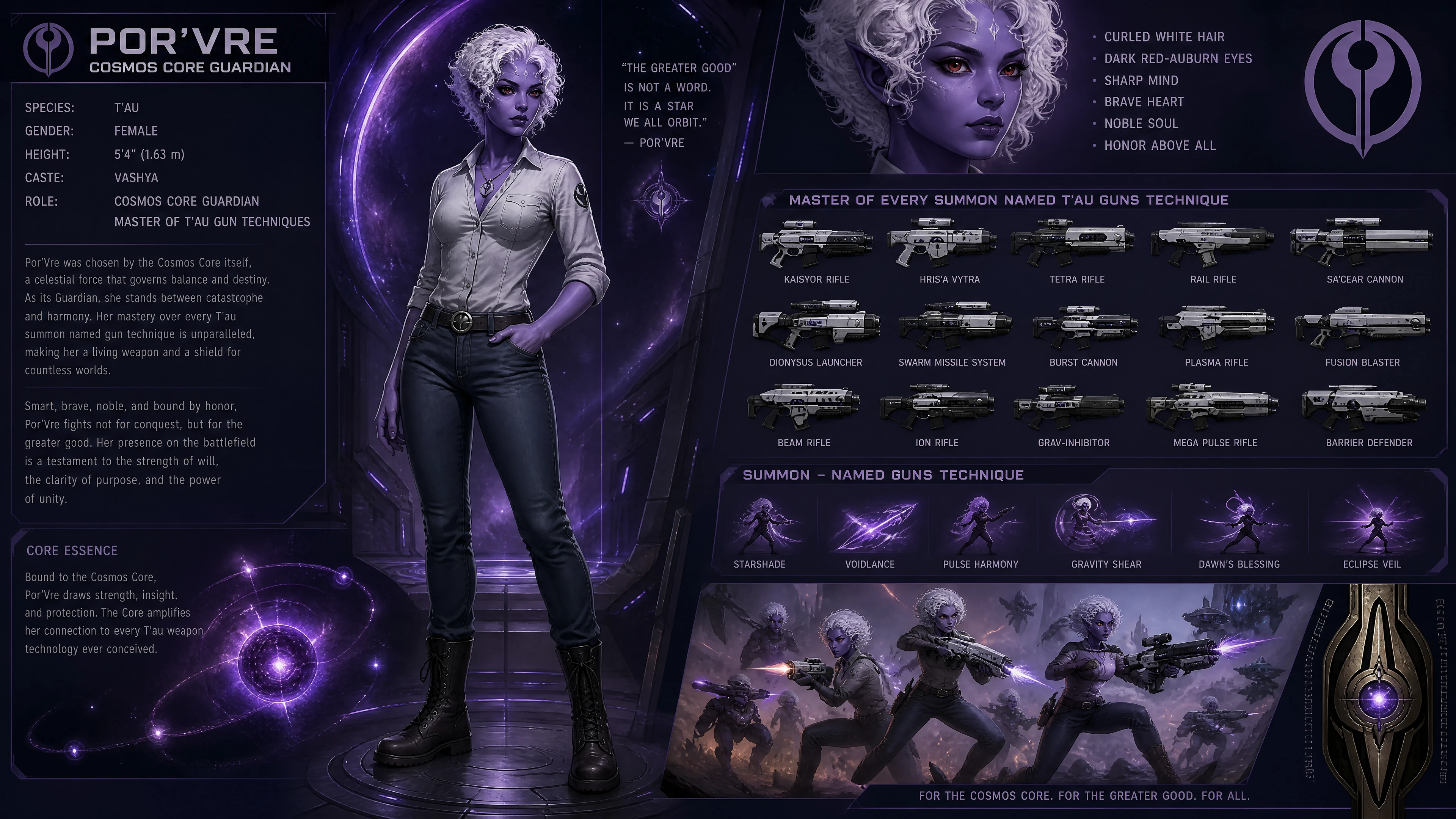 Mujer sci-fi púrpura de cabello blanco con ropa casual