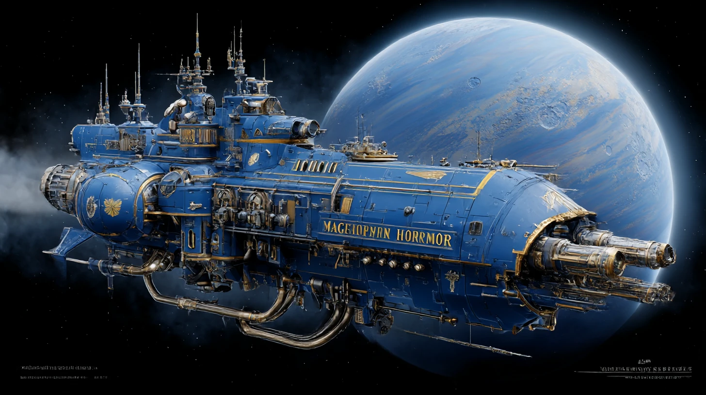 Enorme nave de guerra imperial azul com canhão frontal no espaço