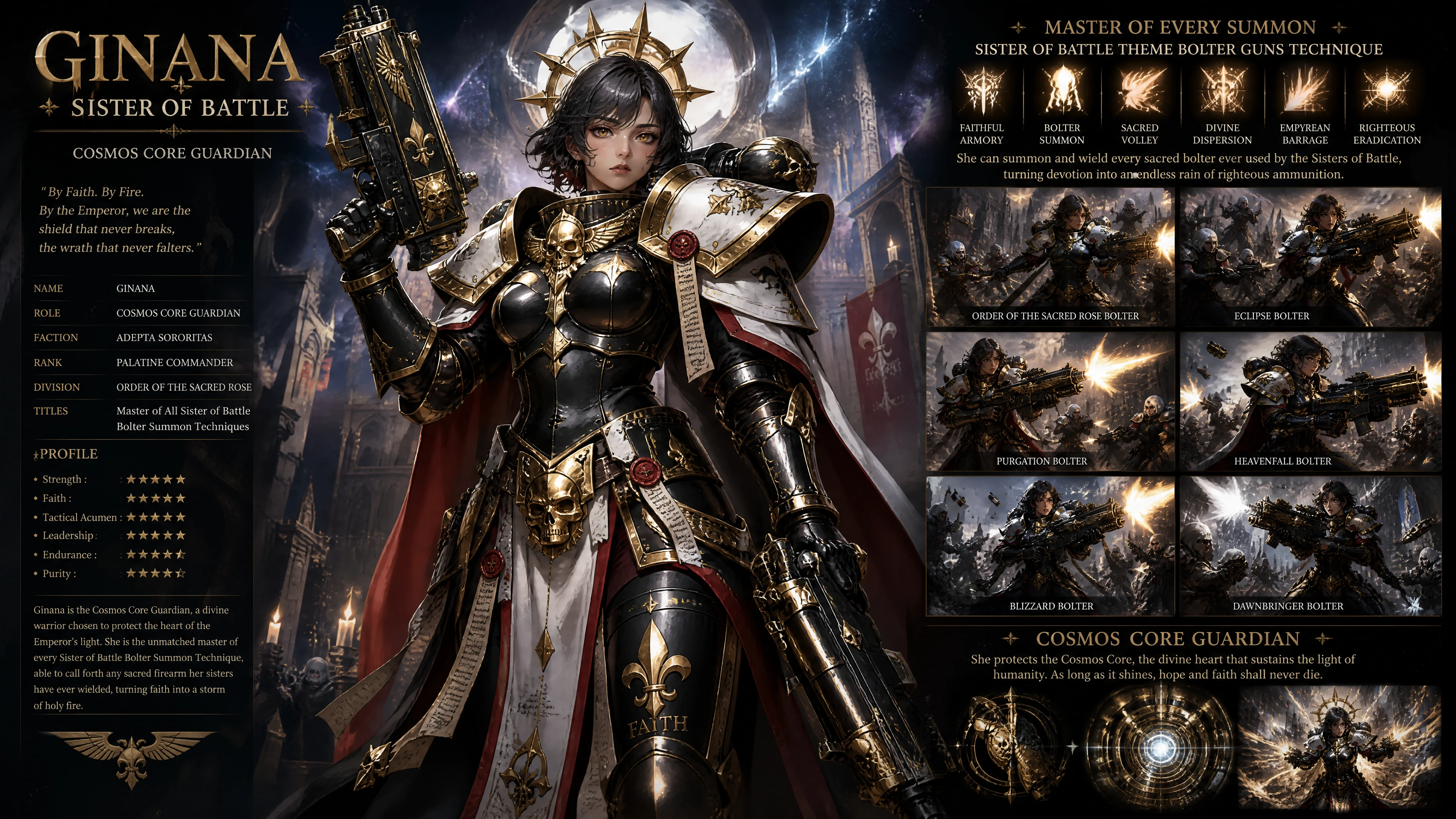 Heroica hermana de batalla con armadura de poder cósmico