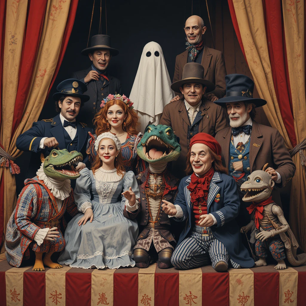 Personnages marionnettes style Punch and Judy dans une scène onirique et surréaliste