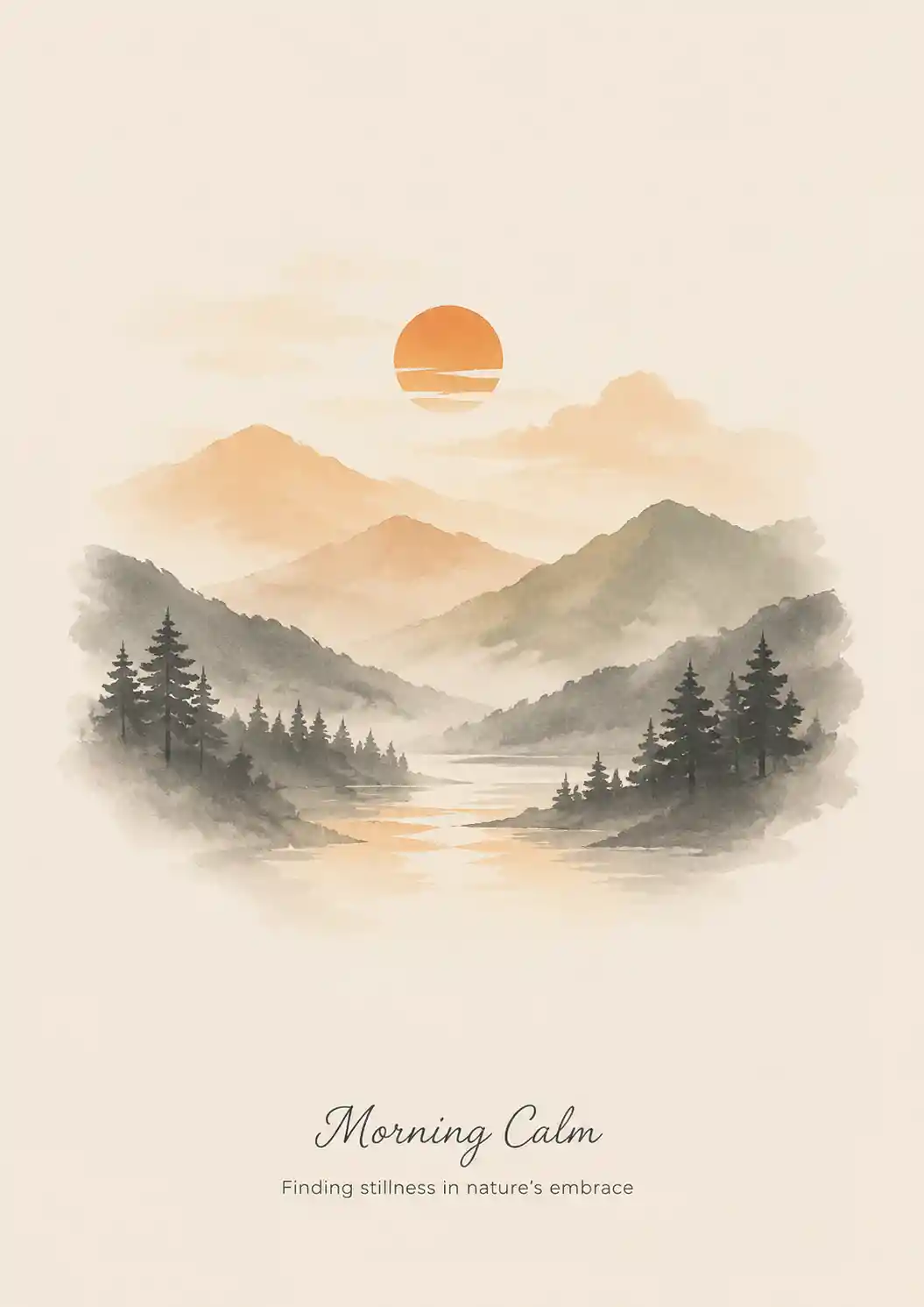 Minimal ink wash landscape with soft geometric forms