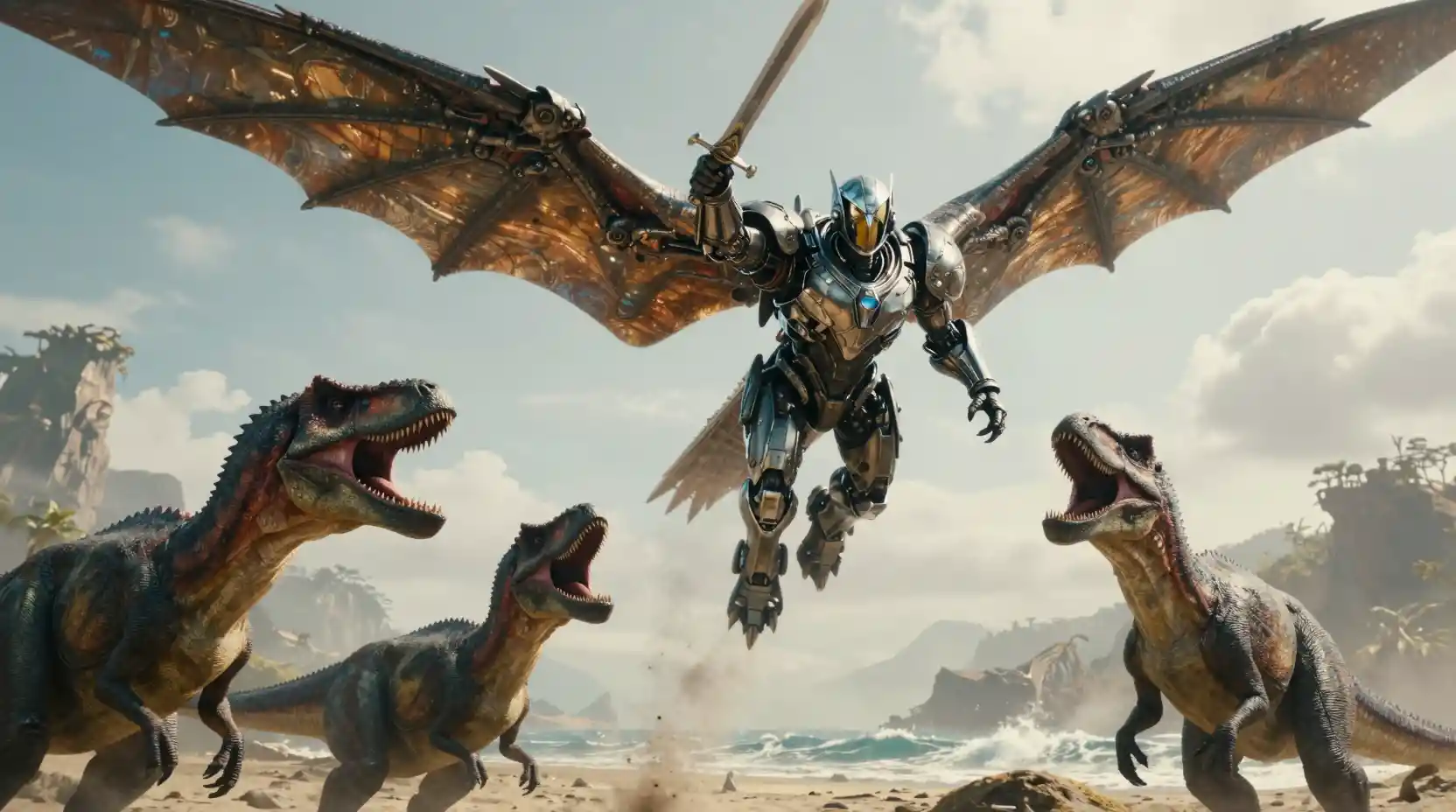 Futuristic warrior and mech dragonfly over jurassic beach