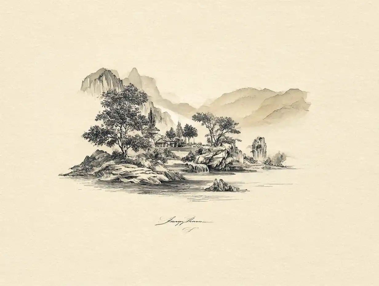Minimalist ink wash scene on beige paper background