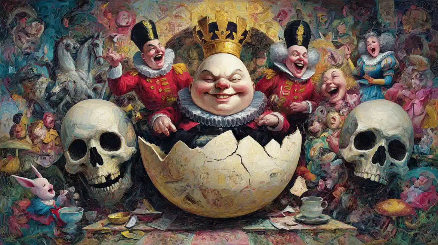 Surrealer Humpty-Dumpty-Sturz, umgeben von höhnischen Gestalten