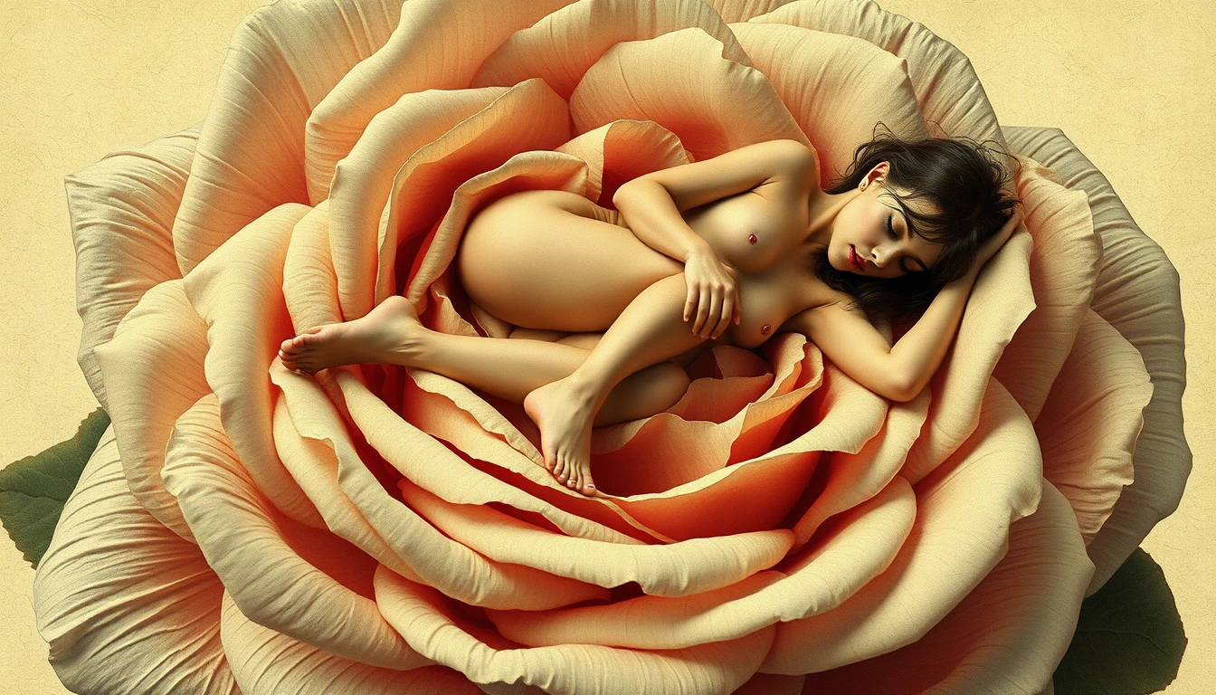 Mujer dormida recostada sobre una sola rosa gigante