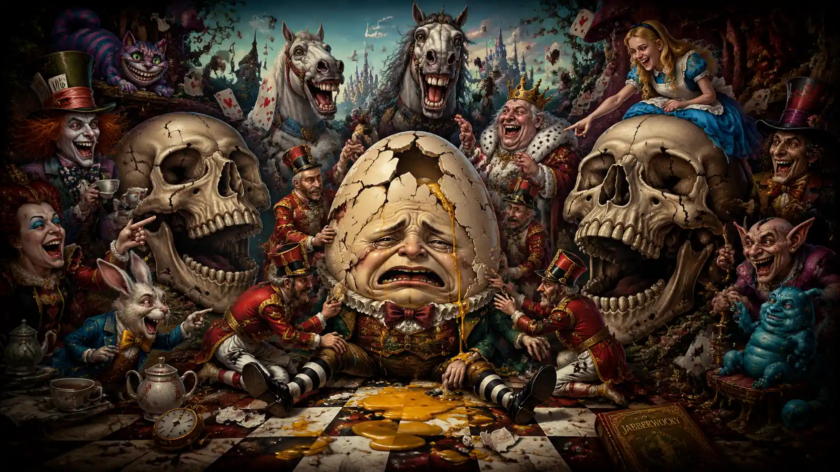 Humpty Dumpty shattered on a wall in surreal chaos