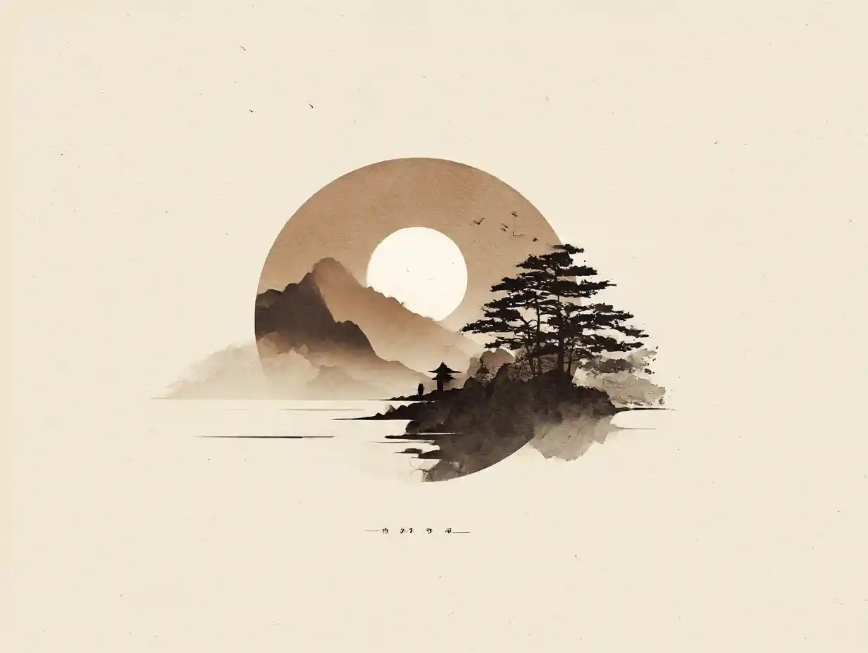 Scène minimaliste à l’encre sur papier beige avec typographie