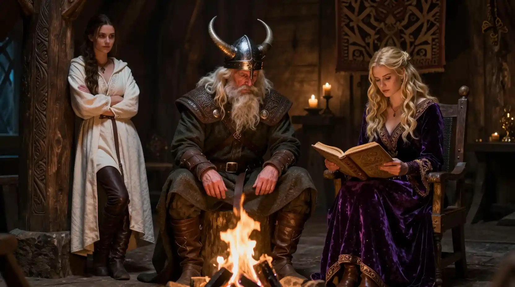 Anciano guerrero vikingo descansando junto al salón iluminado por el fuego