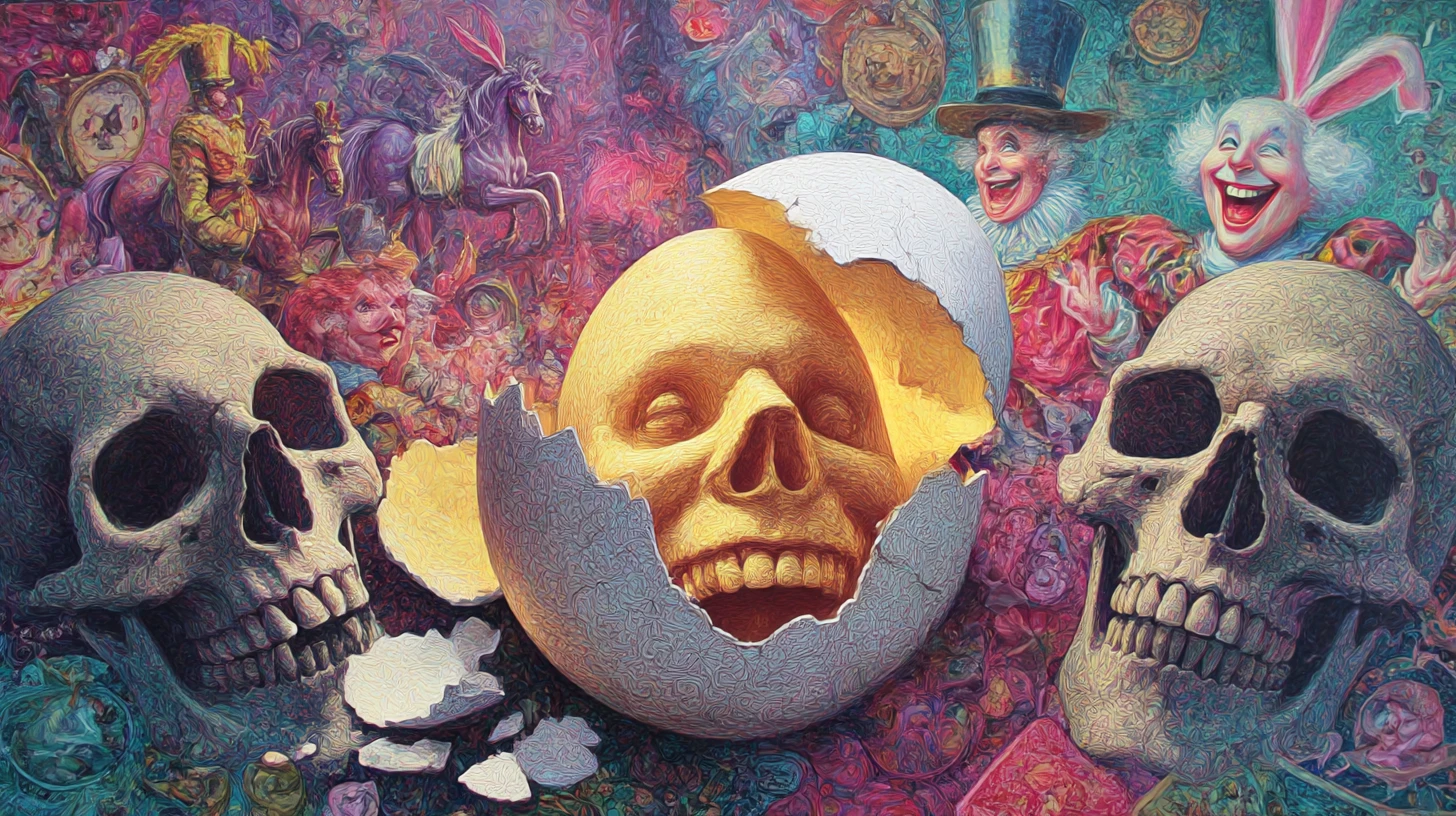 Surreal Humpty Dumpty Shattered Among Laughing Onlookers