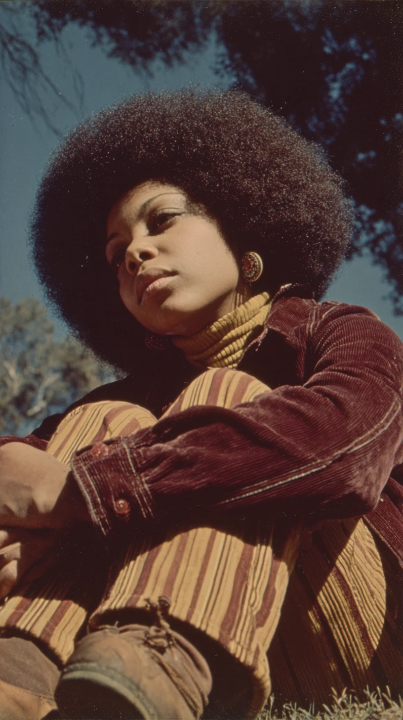 Retrato vintage de una mujer negra sentada al aire libre en actitud pensativa