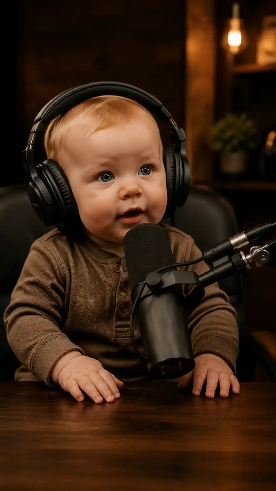 Baby podcast host wearing headphones at studio desk